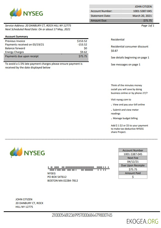 USA Massachusetts Boston NYSEG electricity utility bill template in Word and PDF format